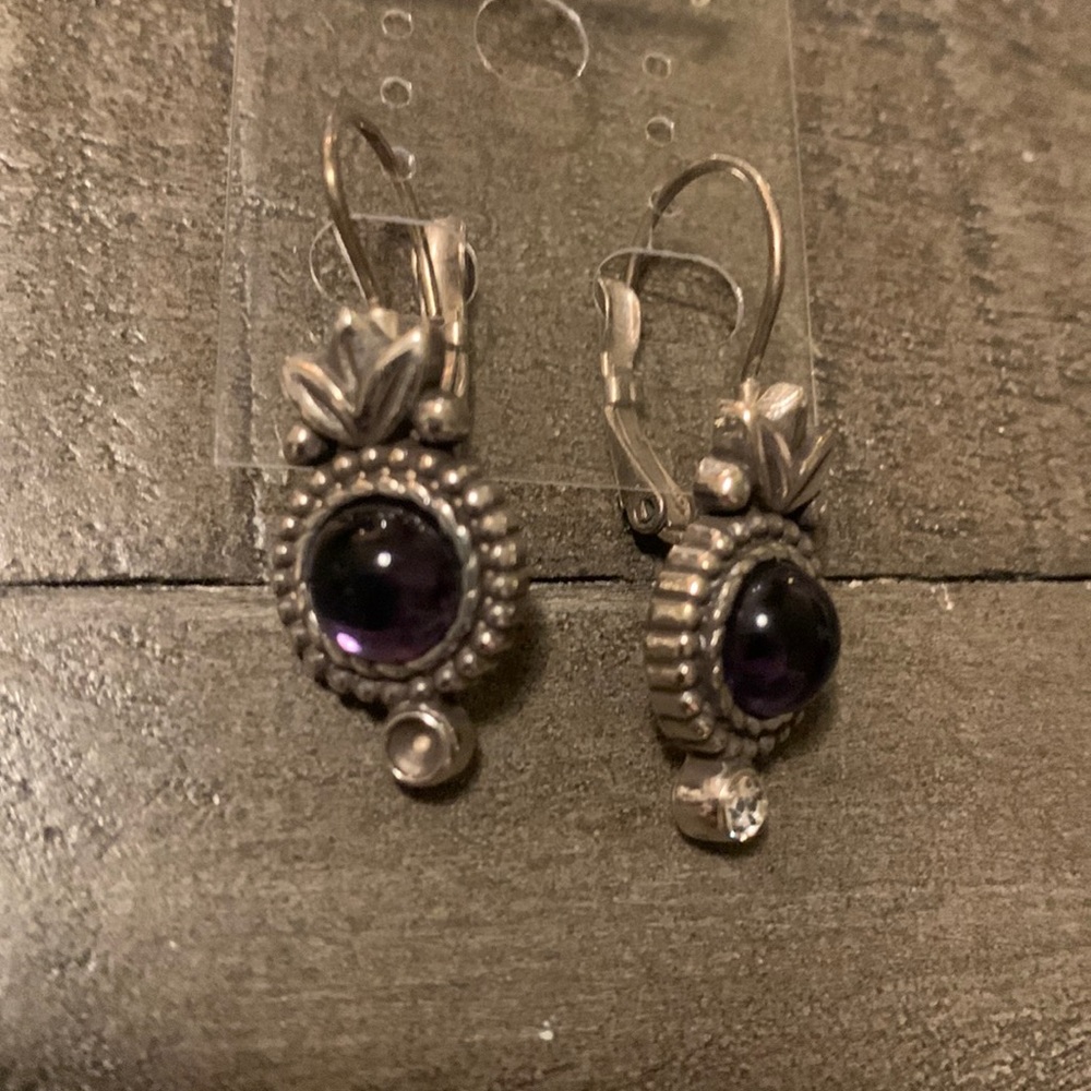 Brighton Purple Amethyst Dangle Floral w/ Crystals Earrings Retired Rare 1"